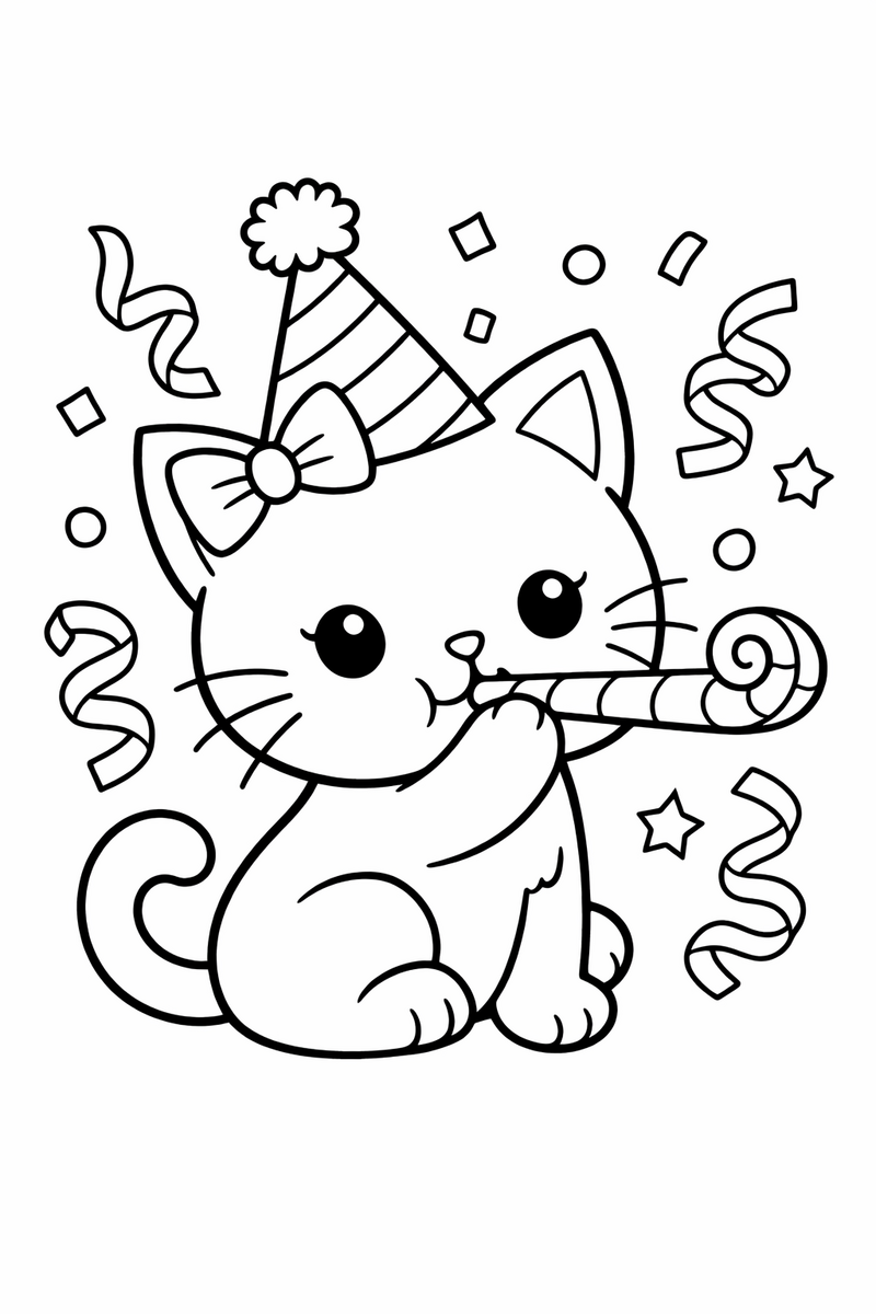 A cute white cartoon cat with a bow in a cone party hat blowing a party horn amid confetti and streamers coloring page
