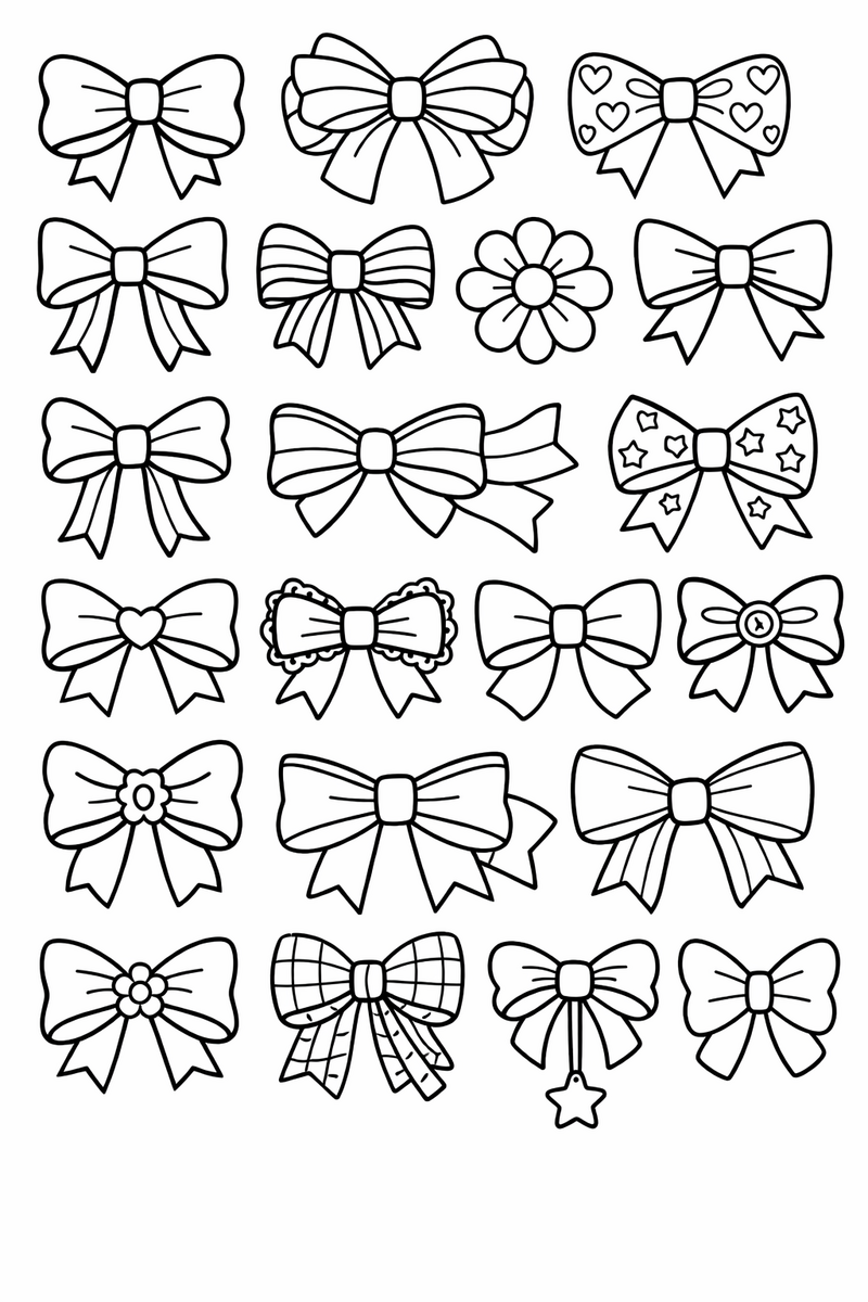 A tidy grid of many different ribbon bows in assorted shapes and patterns to color coloring page