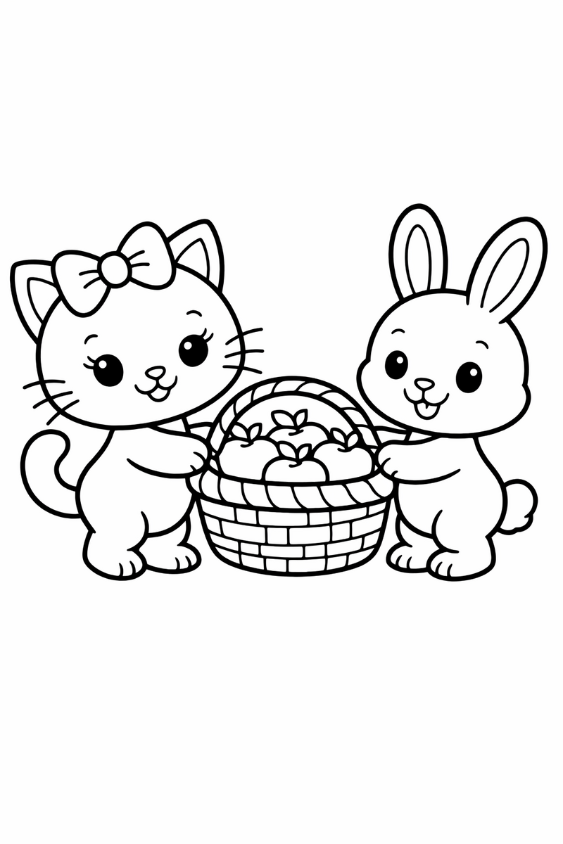 A cute white cartoon cat with a bow and her bunny friend carrying a basket of apples between them coloring page
