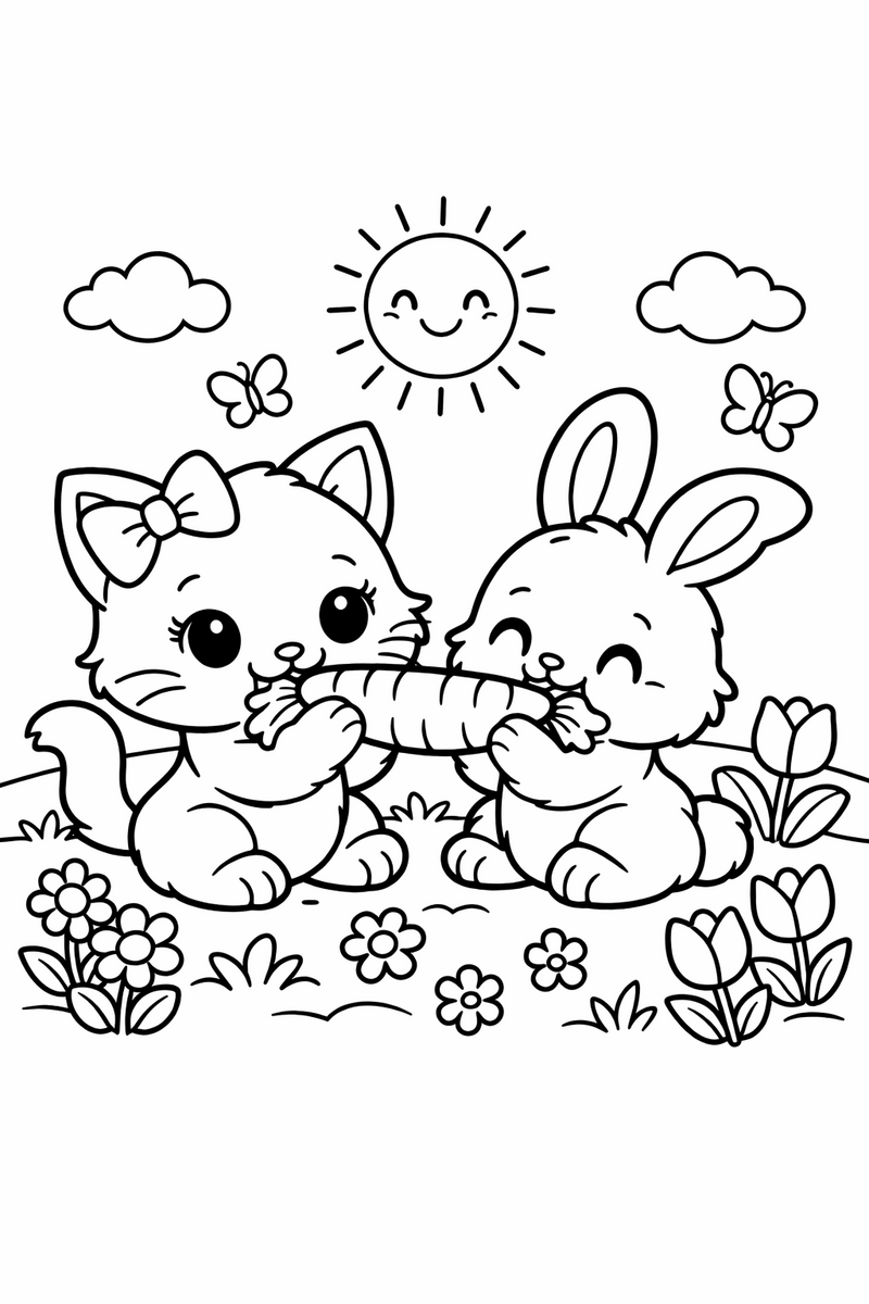 A cute white cartoon cat with a bow and her fluffy bunny friend sharing a carrot in a spring meadow coloring page