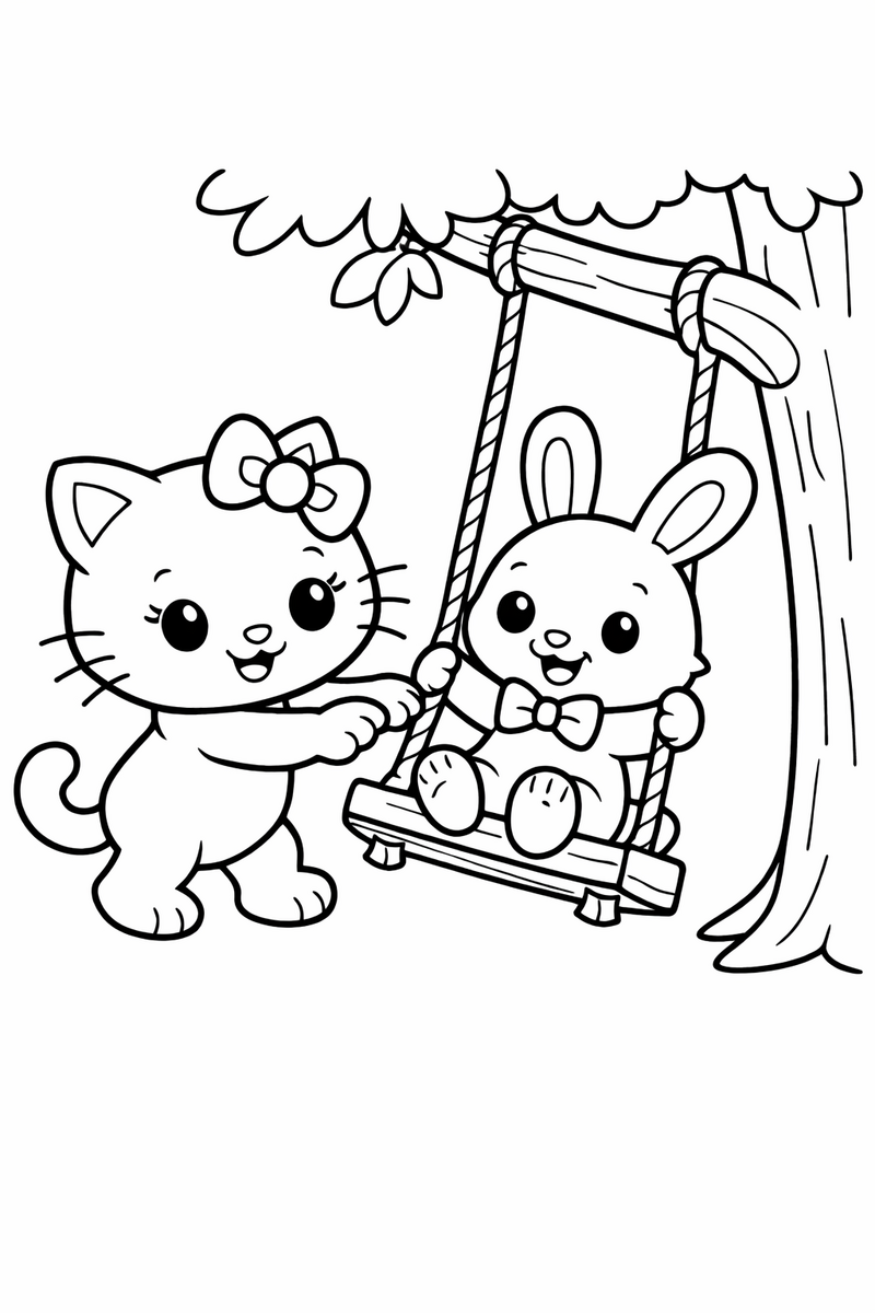 A cute white cartoon cat with a bow pushing her bunny friend on a rope tree swing coloring page