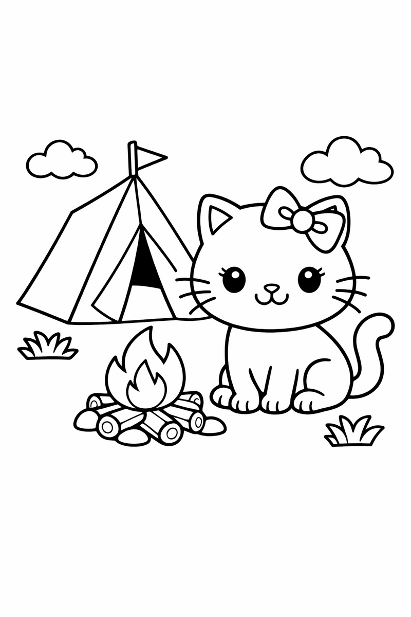 A cute white cartoon cat with a bow camping beside a triangle tent and a little campfire coloring page