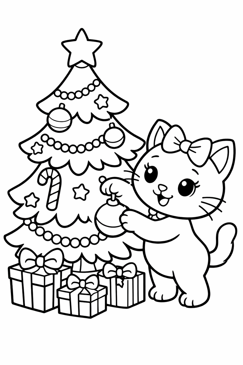 A cute white cartoon cat with a bow hanging a round ornament on a decorated christmas tree coloring page