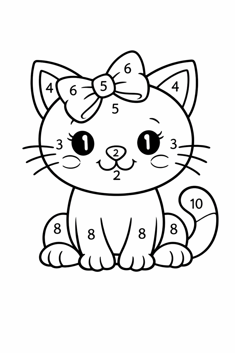 A cute white cartoon cat with a bow drawn as a color by number chart with small numbers in every region coloring page
