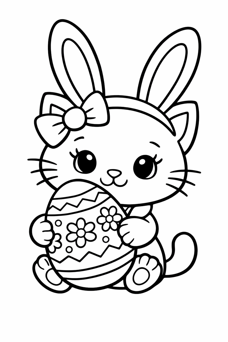 A cute white cartoon cat with a bow wearing tall easter bunny ears holding a decorated egg coloring page