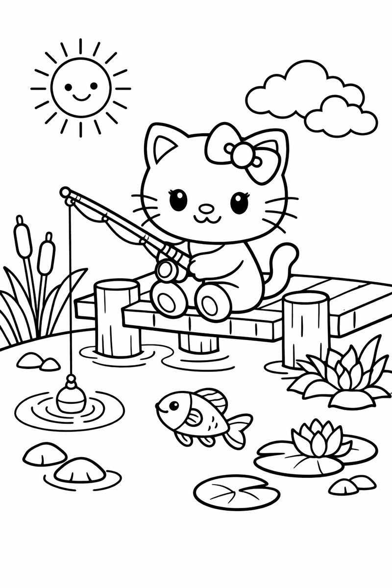 A cute white cartoon cat with a bow fishing with a rod from a wooden dock over a pond coloring page