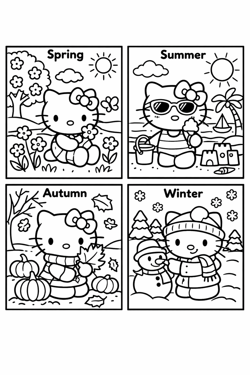 A four panel grid showing the white cartoon kitty with a bow in spring summer autumn and winter scenes coloring page