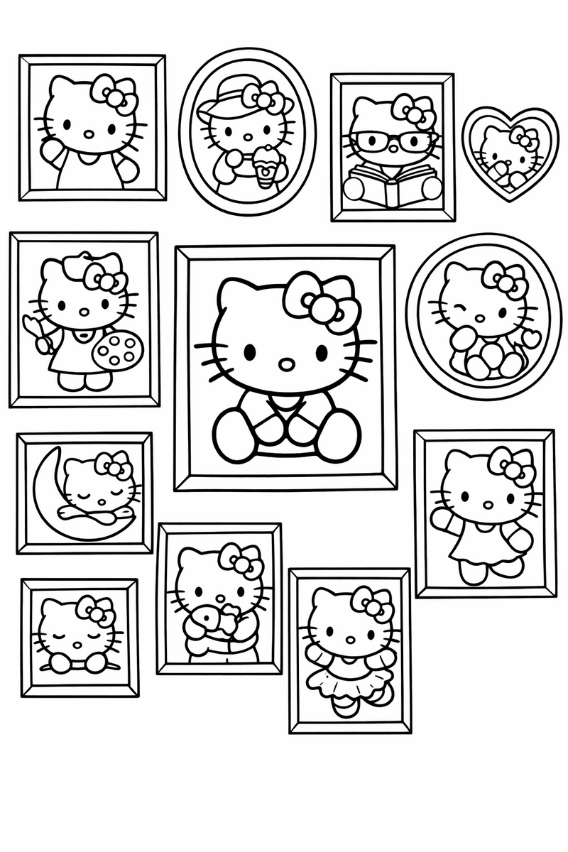 A wall of small framed portraits each showing the white cartoon kitty with a bow in a different pose coloring page