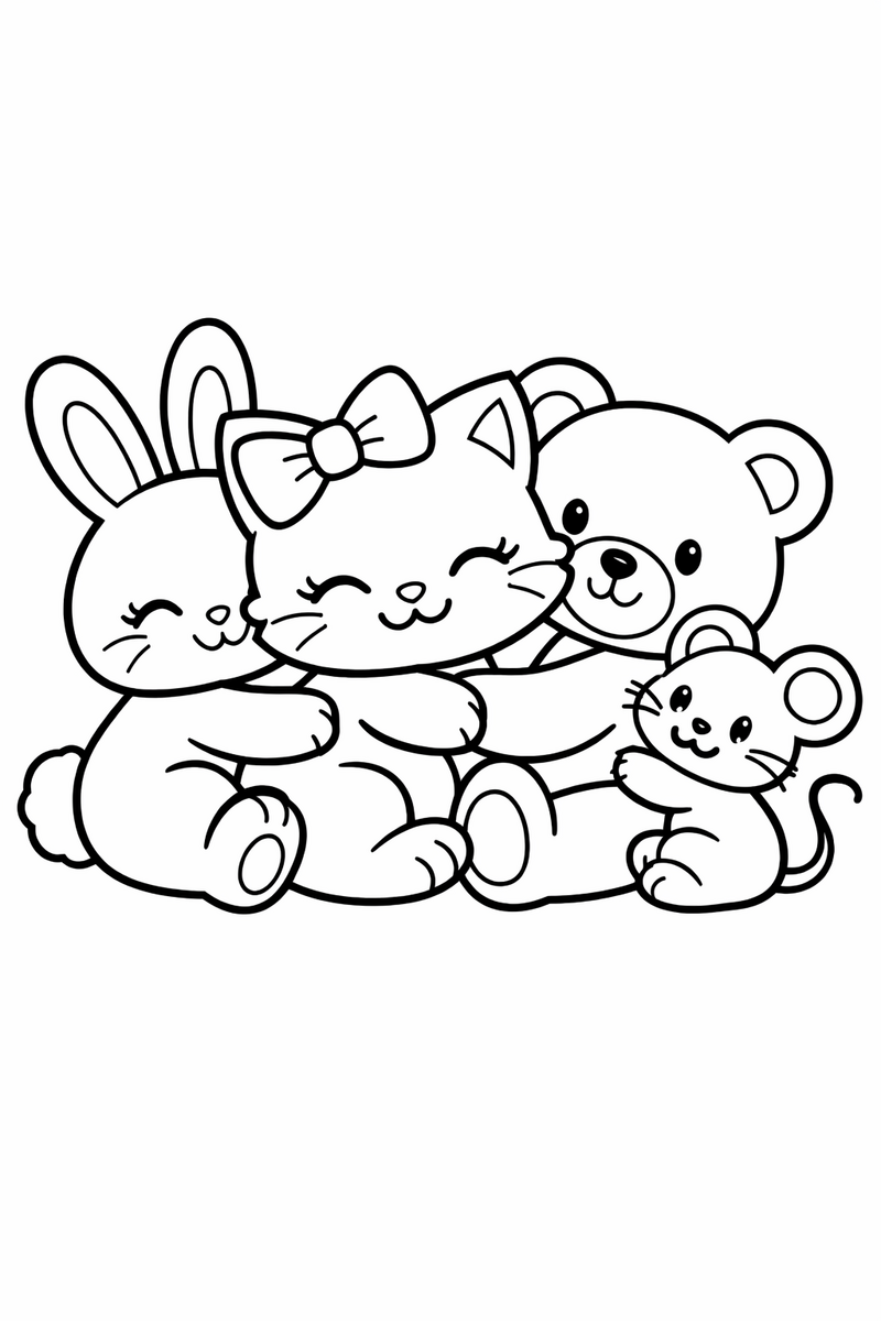 A cute white cartoon cat with a bow in a group hug with her bunny bear and mouse friends all together coloring page