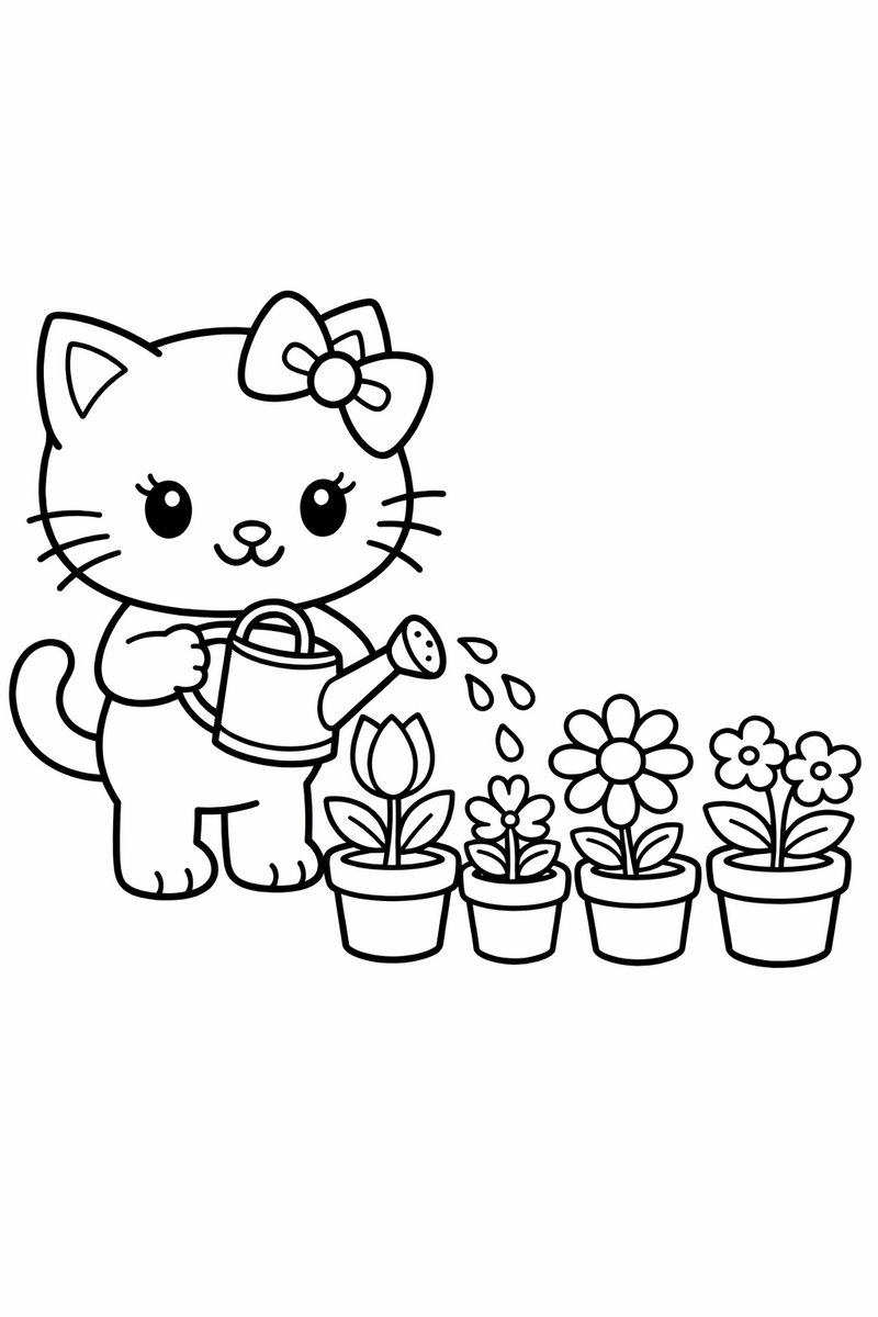 A cute white cartoon cat with a bow watering a row of potted flowers with a watering can coloring page