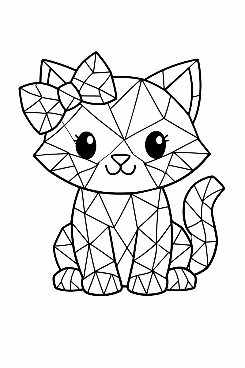 A cute white cartoon cat with a bow built from flat geometric low poly triangle facets coloring page