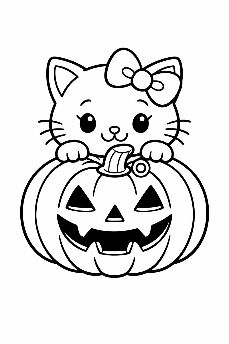 A cute white cartoon cat with a bow peeking out from behind a carved jack o lantern pumpkin coloring page