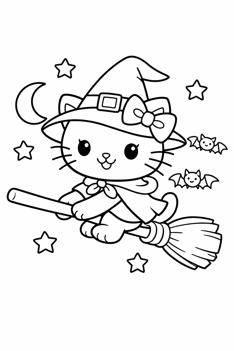 A cute white cartoon cat with a bow dressed as a witch with a pointed hat riding a broomstick coloring page