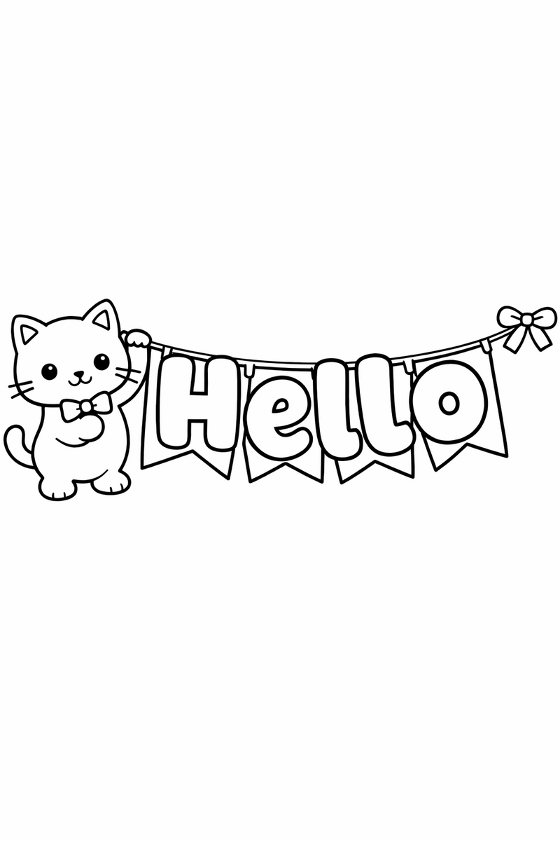 Large bubble letters spelling Hello strung on a party banner with the white kitty holding one corner coloring page