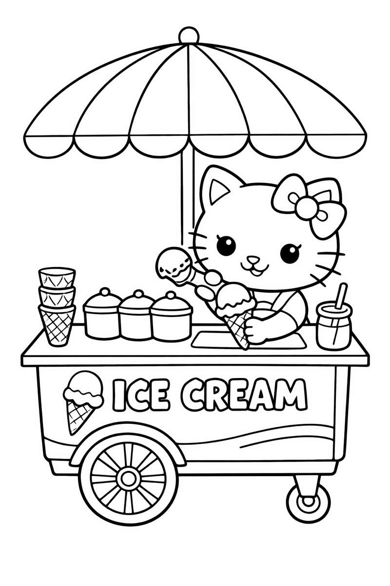 A cute white cartoon cat with a bow scooping cones at a little ice cream cart with a striped umbrella coloring page