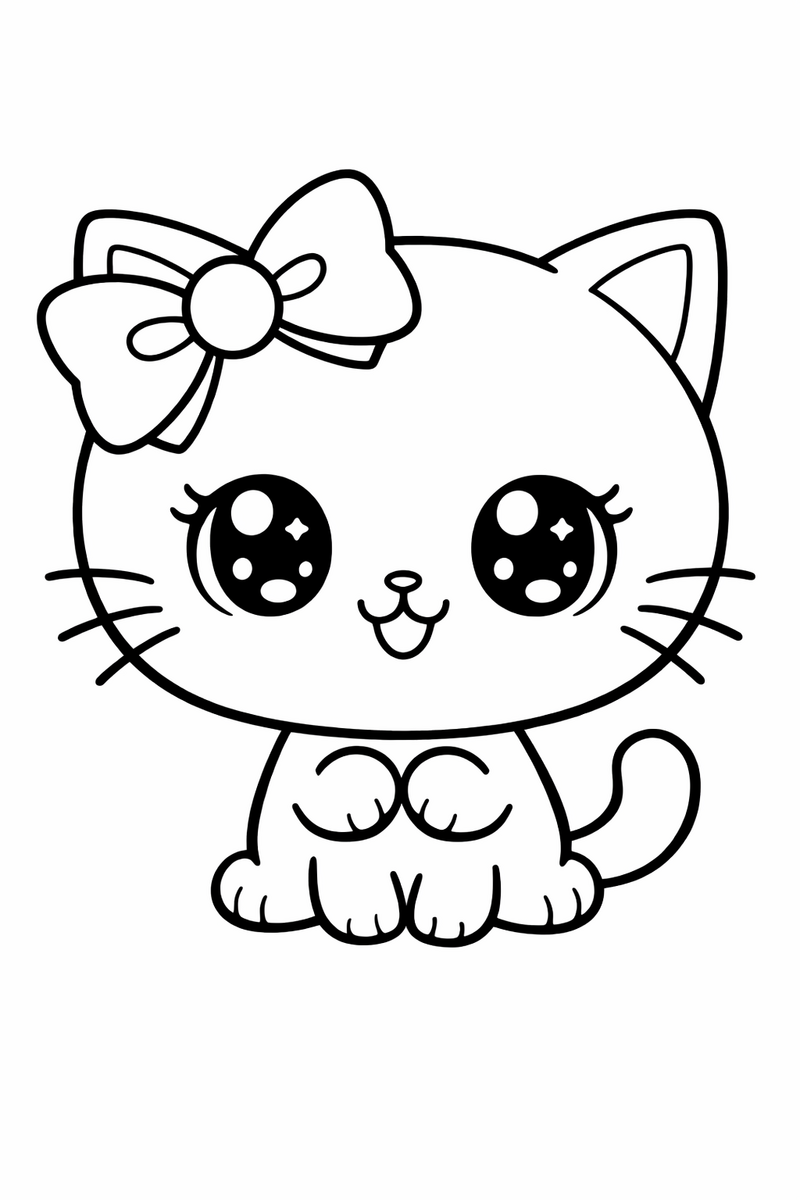A cute white cartoon cat with a bow drawn super kawaii with a huge round head tiny body and sparkly eyes coloring page