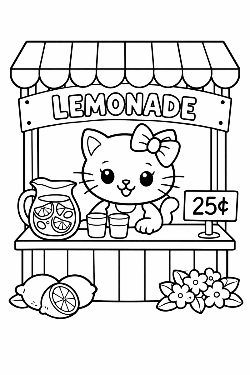 A cute white cartoon cat with a bow running a lemonade stand with a jug cups and a price sign coloring page