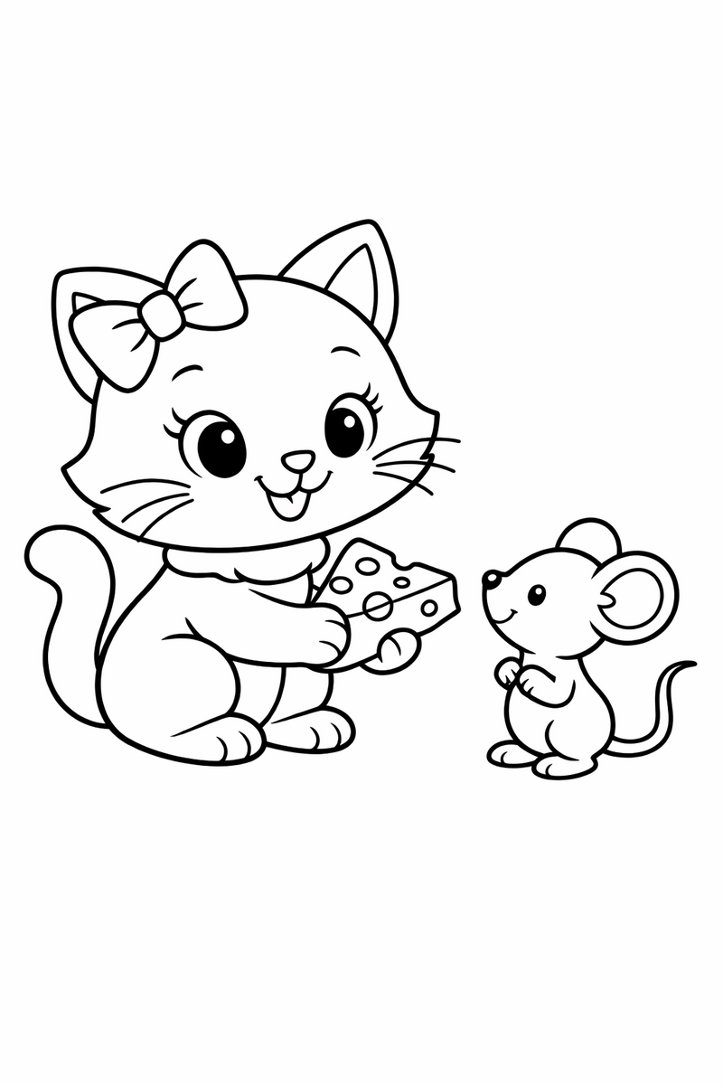 A cute white cartoon cat with a bow offering a wedge of cheese to her tiny mouse friend coloring page