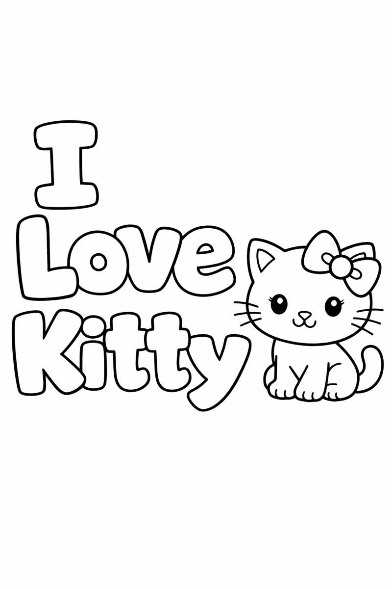 Big bubble letters spelling I Love Kitty with a little white cartoon cat with a bow beside them coloring page