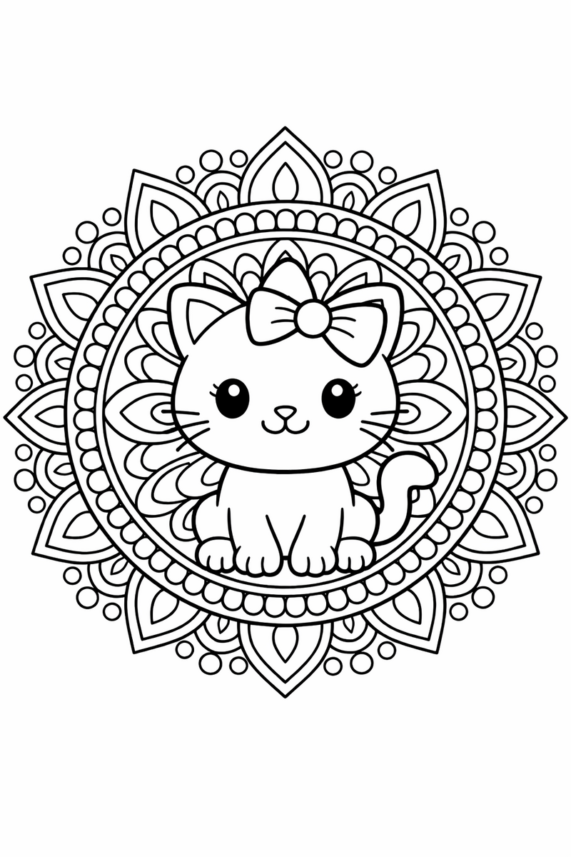 A cute white cartoon cat with a bow at the center of a round mandala of petals dots and looping patterns coloring page