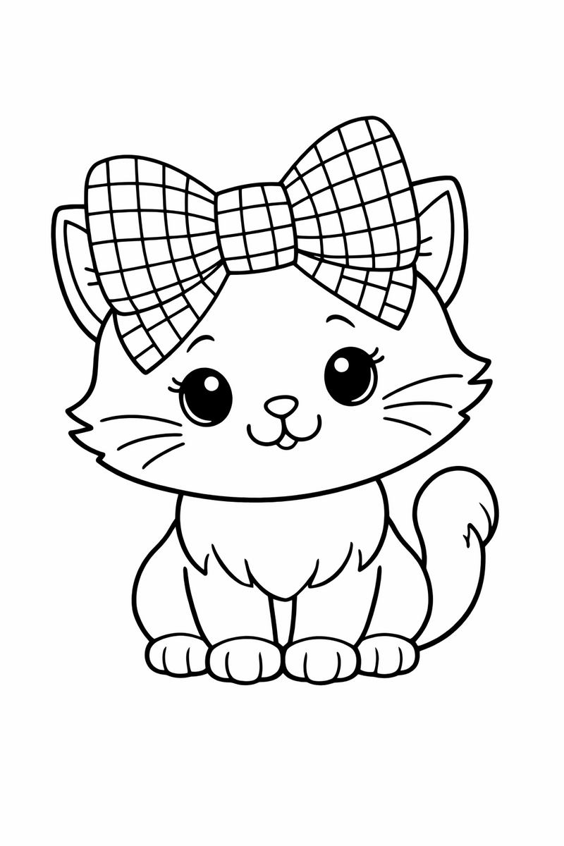A cute white cartoon cat with a bow made of small square mosaic tiles with grout lines between them coloring page