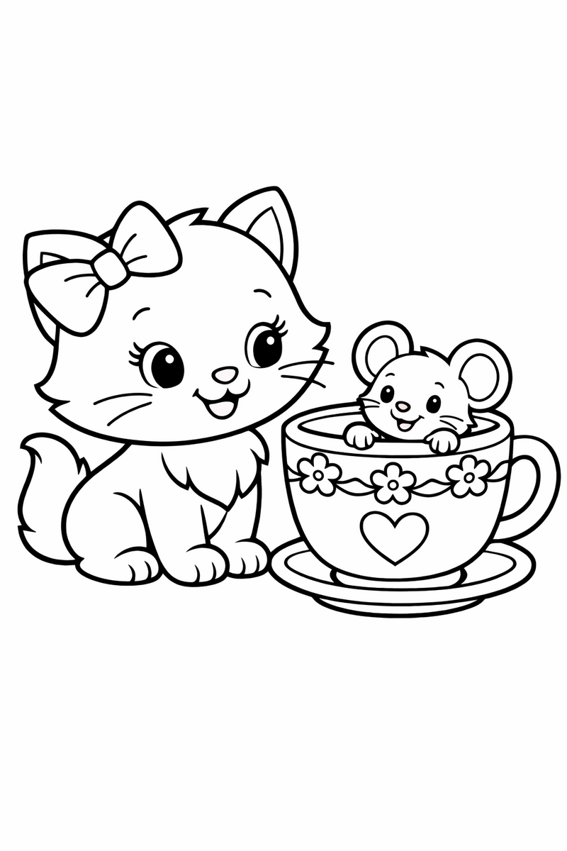 A cute white cartoon cat with a bow smiling at her little mouse friend peeking out of a teacup coloring page