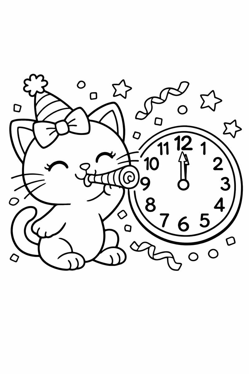 A cute white cartoon cat with a bow celebrating new year with a noisemaker and a clock near midnight coloring page