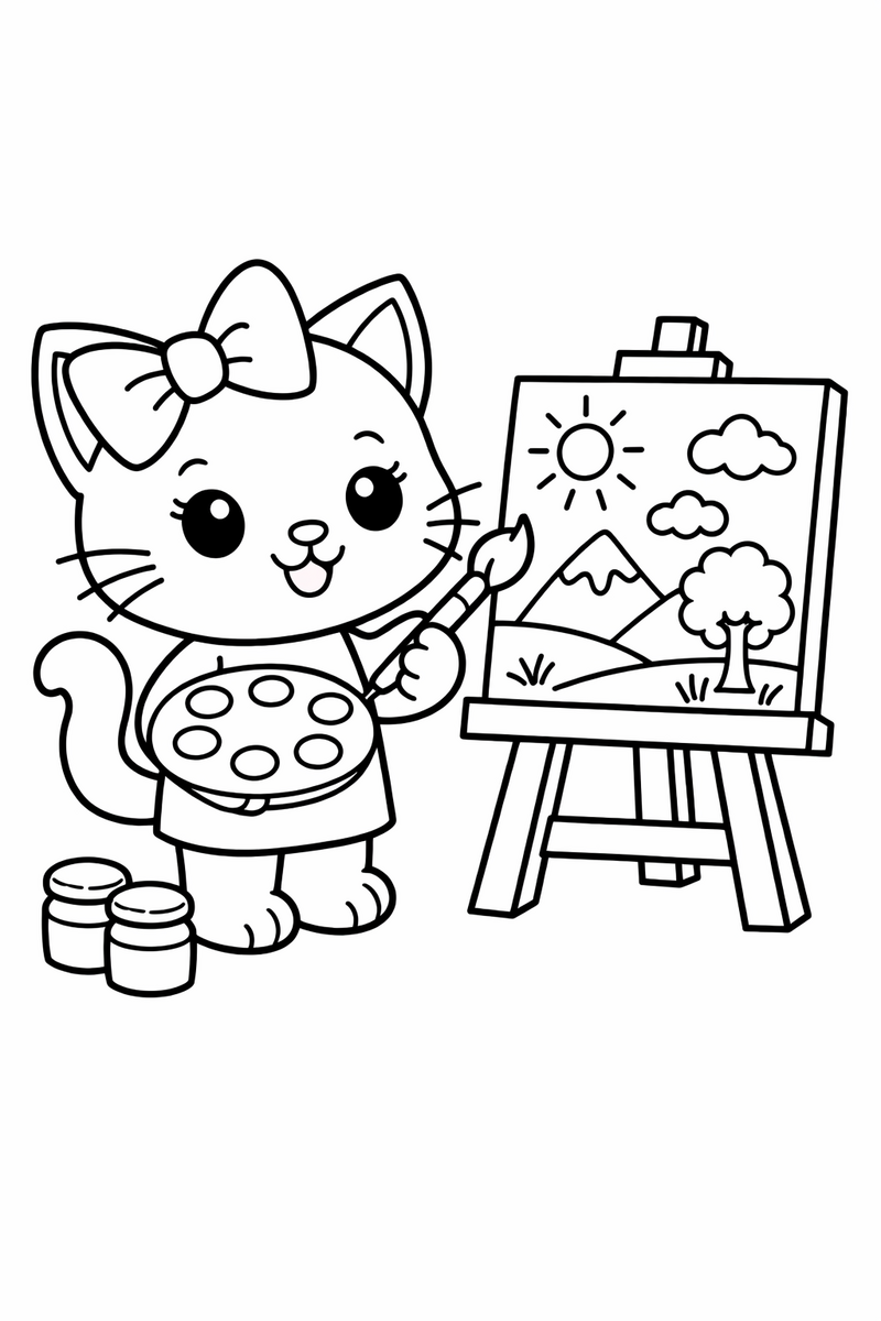 A cute white cartoon cat with a bow painting a picture at an easel holding a palette and brush coloring page