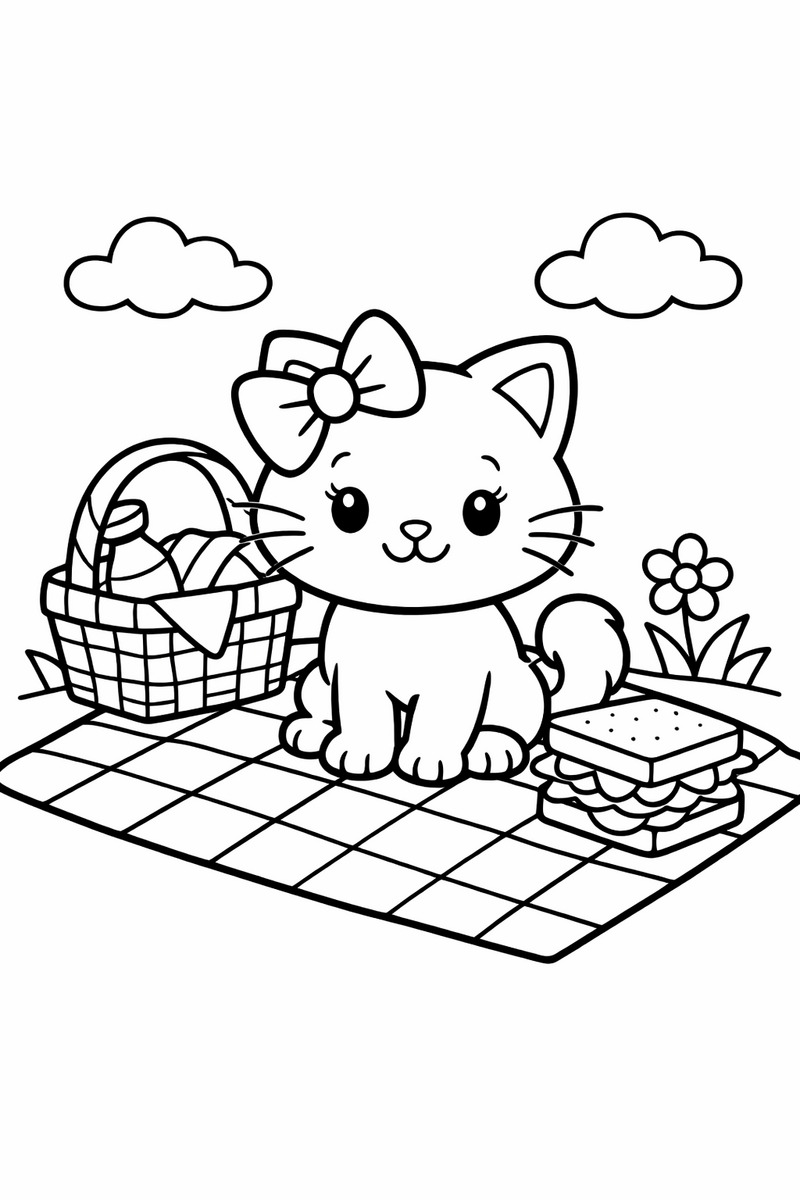 A cute white cartoon cat with a bow sitting on a checkered picnic blanket with a basket and sandwiches coloring page