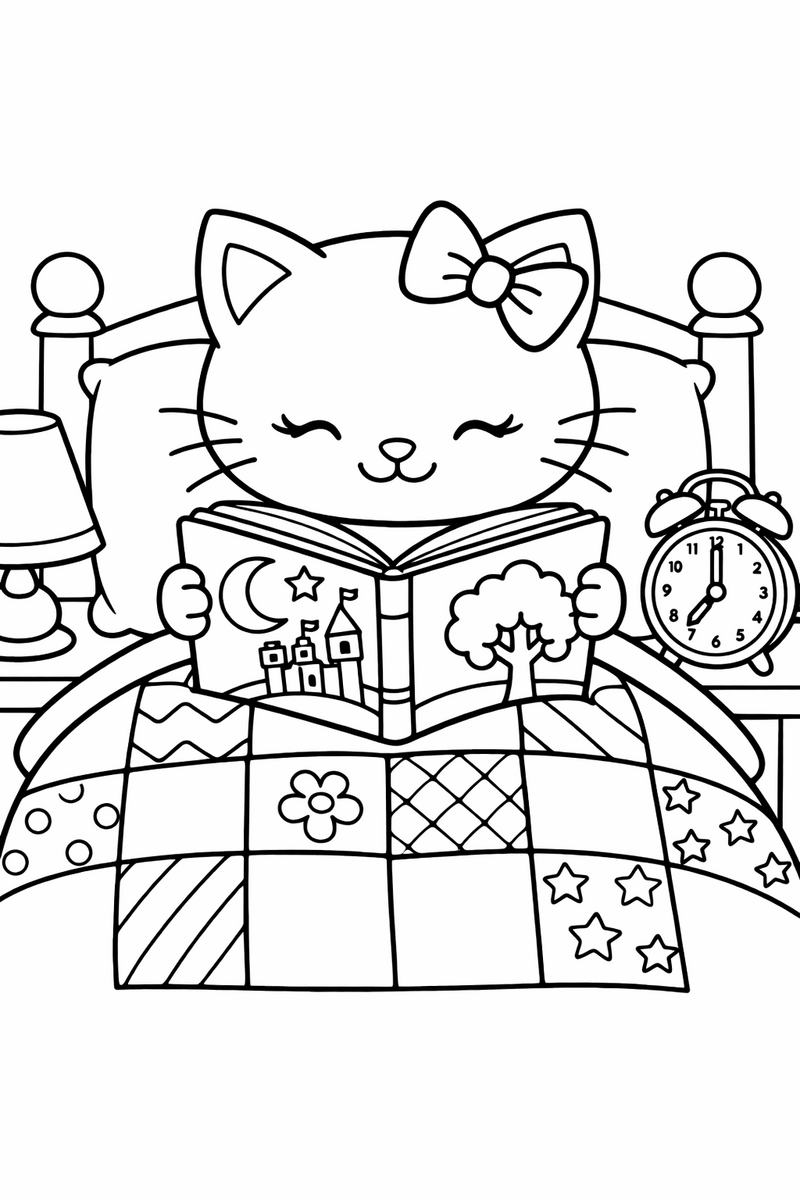A cute white cartoon cat with a bow reading a storybook in bed under a cozy patchwork quilt coloring page