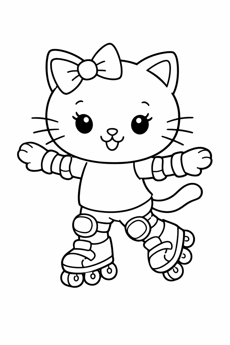 A cute white cartoon cat with a bow roller skating with wheels and knee pads arms out for balance coloring page