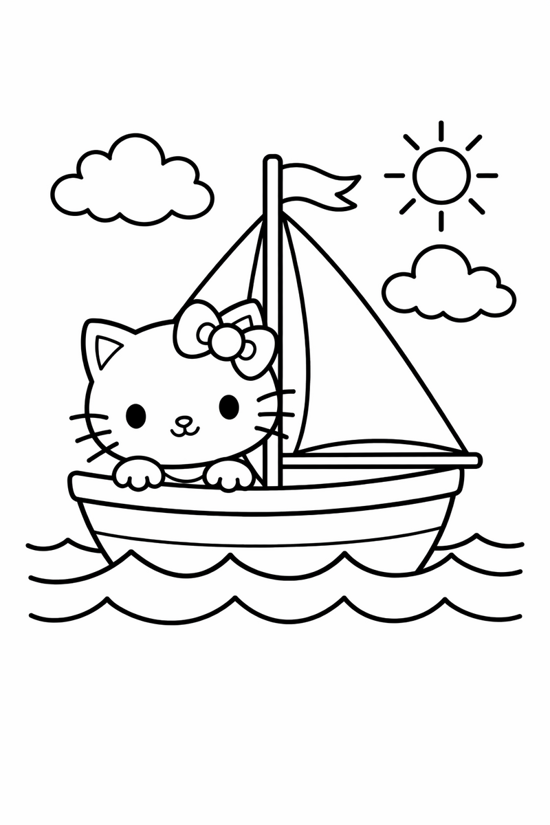 A cute white cartoon cat with a bow sailing a little boat with a triangular sail over gentle waves coloring page