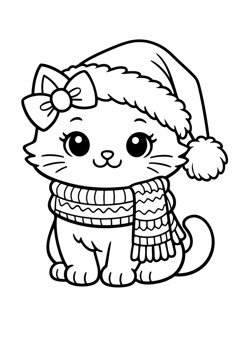 A cute white cartoon cat with a bow wearing a fluffy pompom santa hat and a knitted scarf coloring page