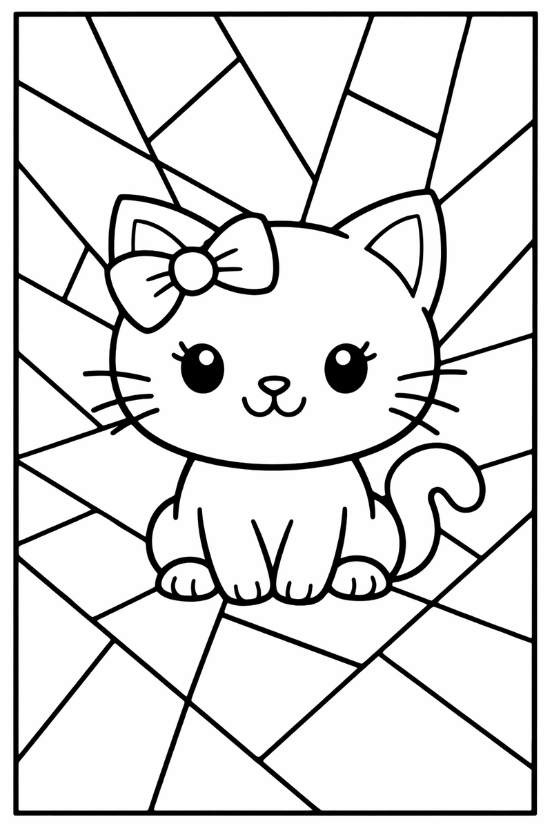 A cute white cartoon cat with a bow framed by a geometric stained glass background of angled panes coloring page