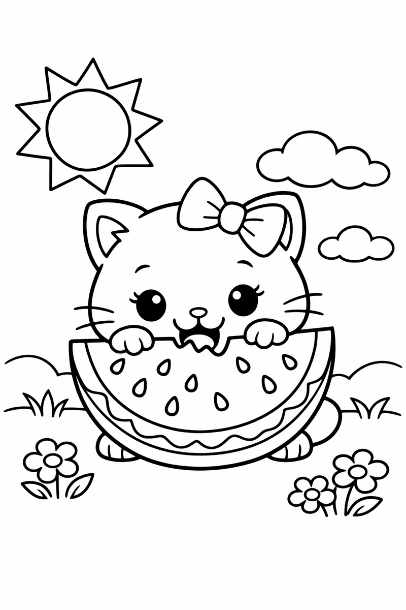 A cute white cartoon cat with a bow biting a big juicy slice of watermelon on a sunny day coloring page