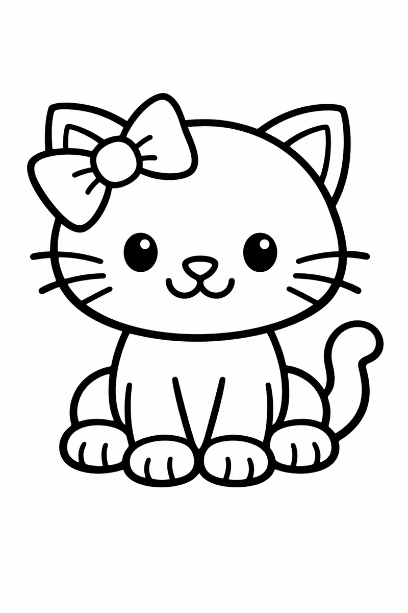 A cute white cartoon cat with a bow drawn with very thick simple outlines and few details for toddlers coloring page