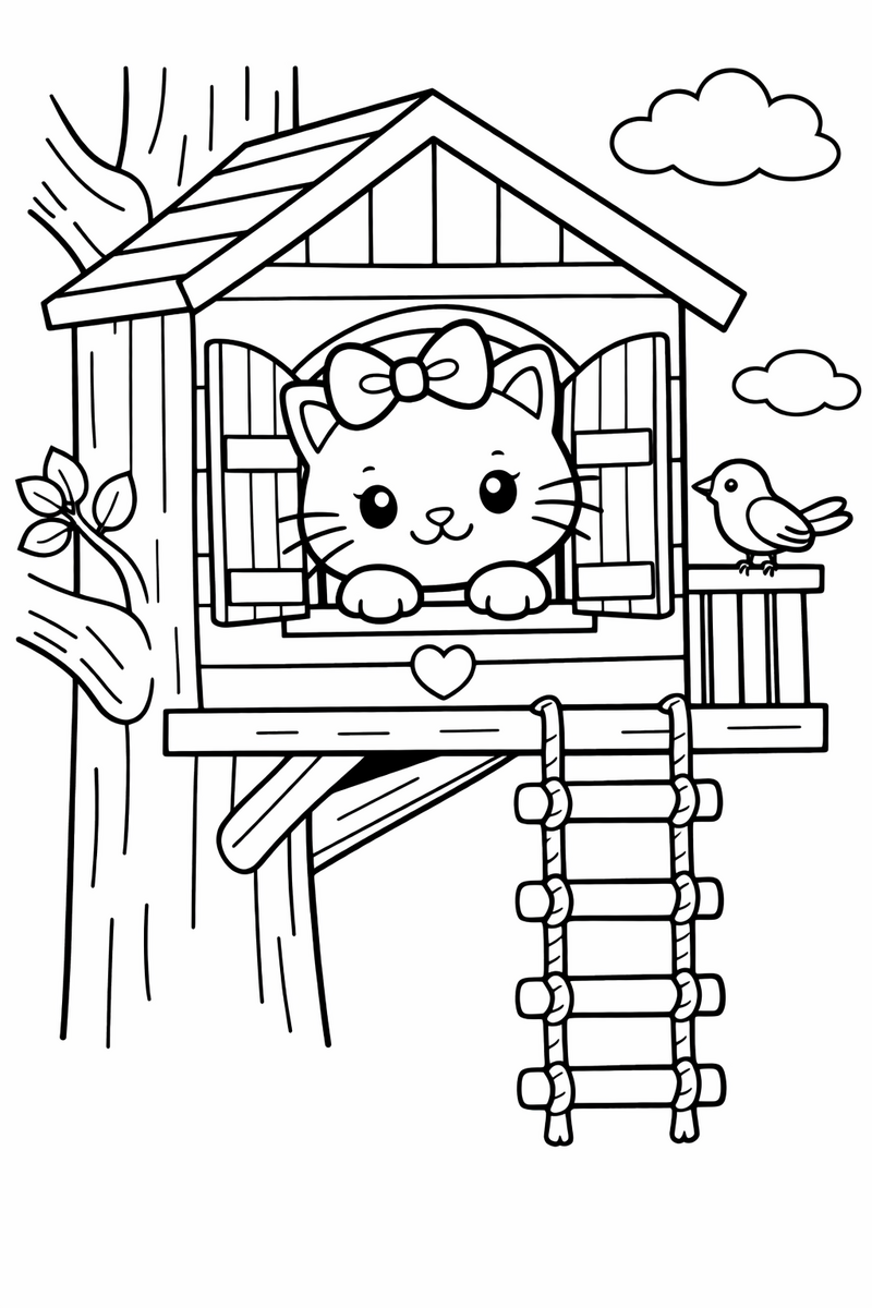 A cute white cartoon cat with a bow peeking from the window of a wooden treehouse with a rope ladder coloring page