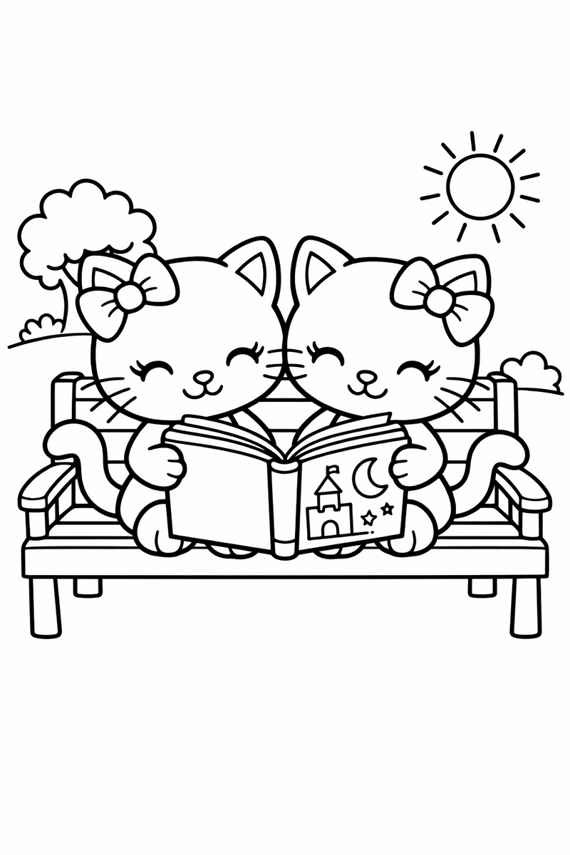 Two matching white cartoon cats with bows as twin sisters sitting on a park bench reading one storybook coloring page