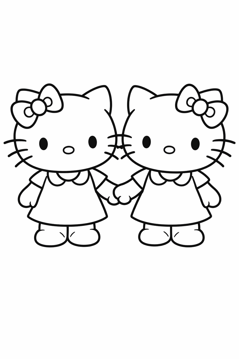 Two matching white cartoon cats with bows standing side by side as twin sisters holding hands coloring page