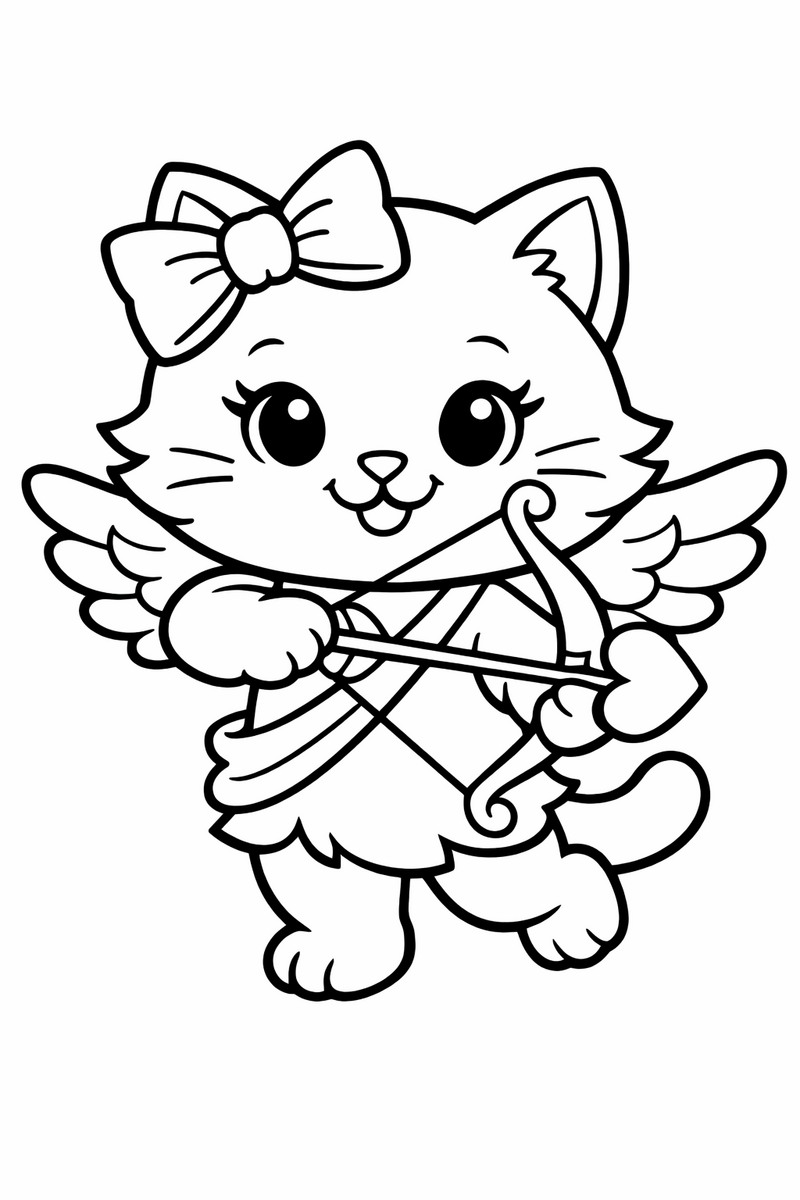 A cute white cartoon cat with a bow dressed as a valentine cupid with little wings and a heart arrow coloring page