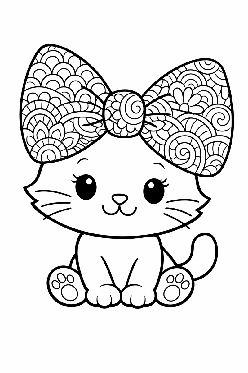 A cute white cartoon cat with a bow whose oversized bow is filled with intricate zentangle scallops and swirls coloring page