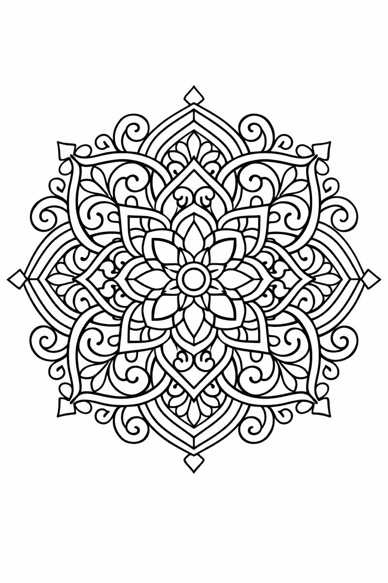 Arabesque mandala with flowing scrollwork, tendrils and pointed arches in Moorish radial symmetry, ornate symmetric coloring page
