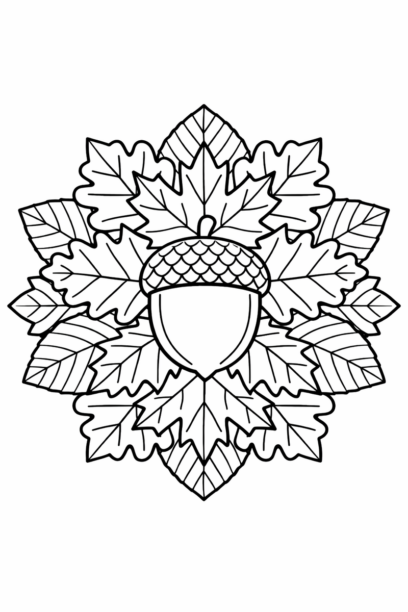 Autumn leaf mandala with a ring of maple, oak and elm leaves overlapping around an acorn center, cozy symmetric coloring page