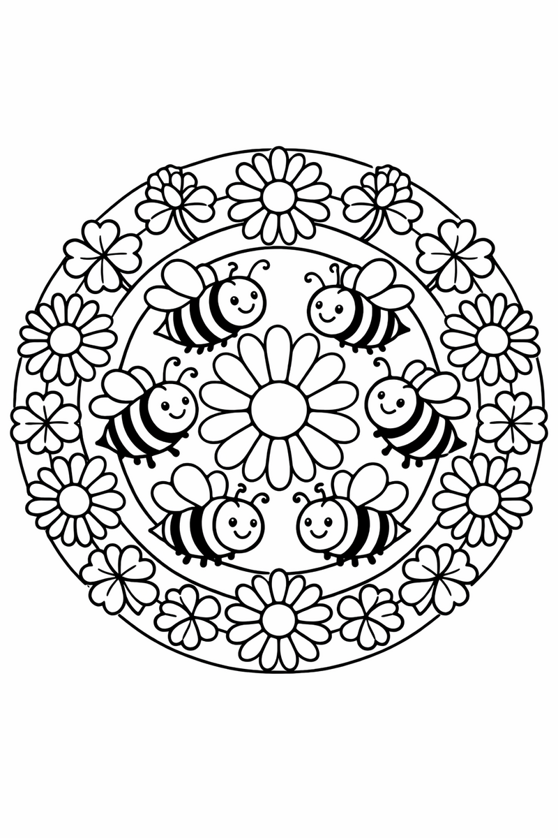 Bee and daisy mandala with plump bees flying between rings of daisies and clover, cheerful symmetric coloring page