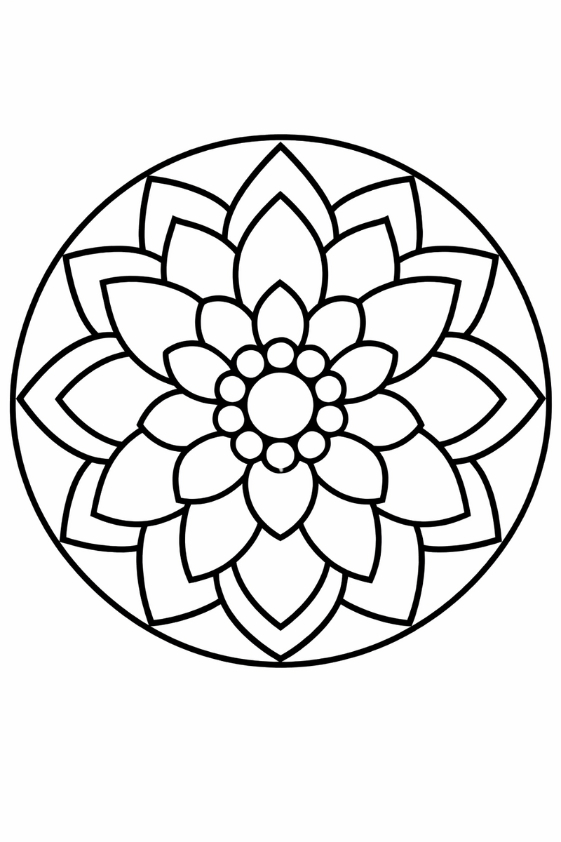Bold bloom mandala with one huge flower filling the circle in extra thick outlines and few large areas, simple symmetric coloring page