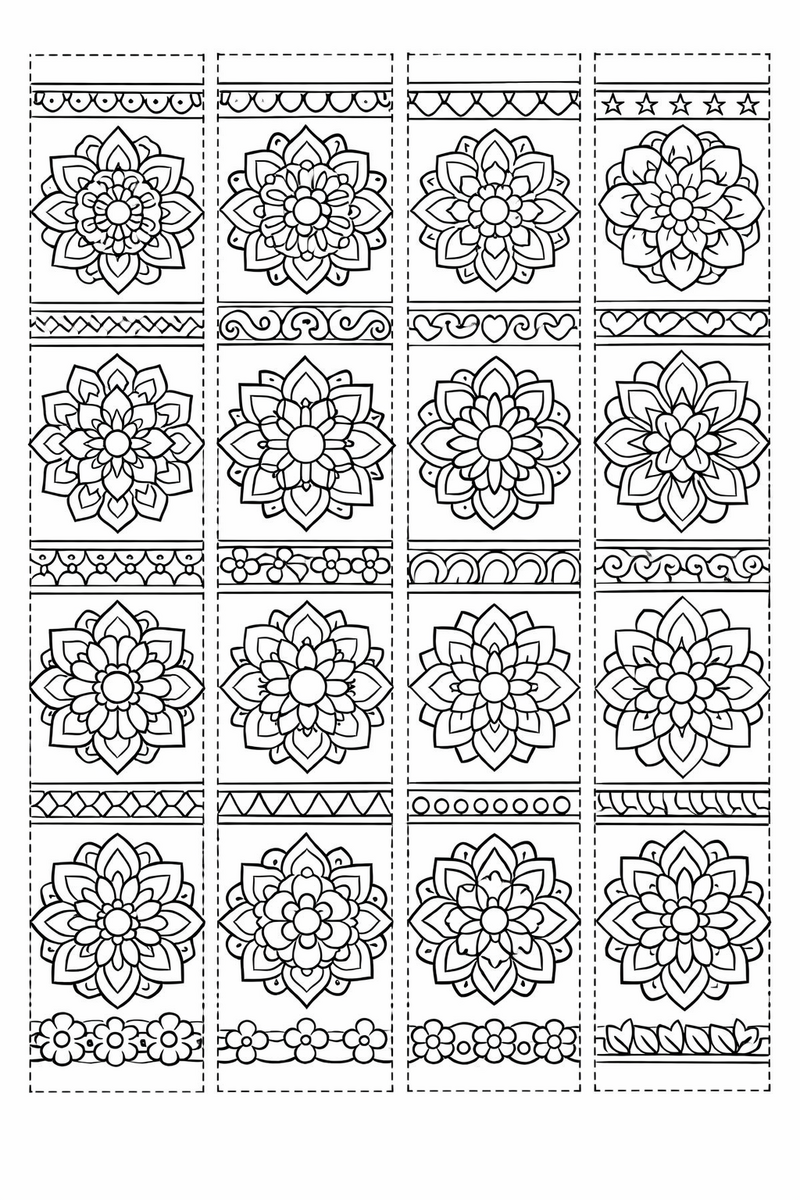 A sheet of four tall narrow bookmark strips side by side, each filled top to bottom with its own column of mandala rosettes and borders, dashed cutting lines between them, coloring page