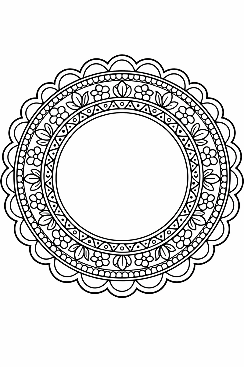 An ornate circular mandala border frame of wide decorated bands and scalloped edges ringing a large open blank center, symmetric coloring page