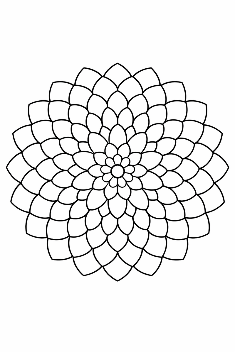 A mandala of evenly spaced concentric petal rings growing steadily larger from a small center outward to the rim, each ring the same width coloring page