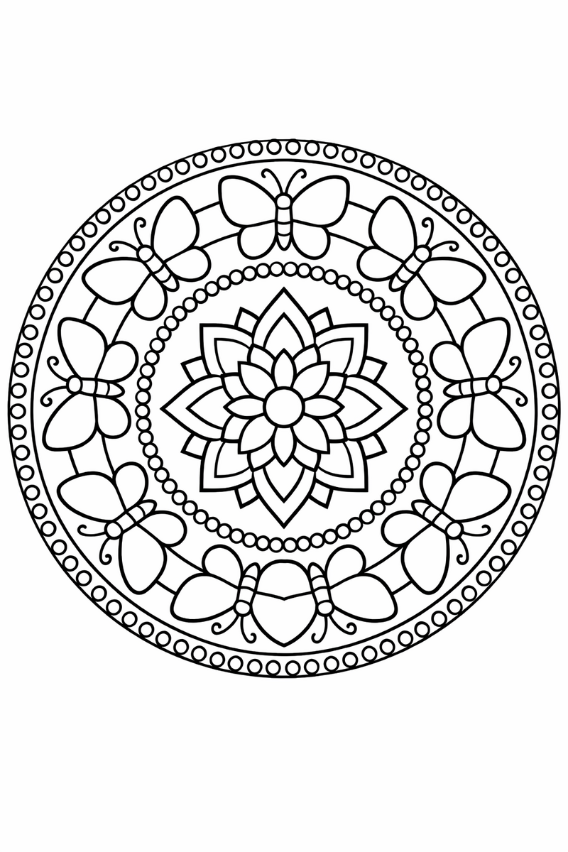 Mandala con un anillo de mariposas pequeñas y bordes de puntos para colorear
