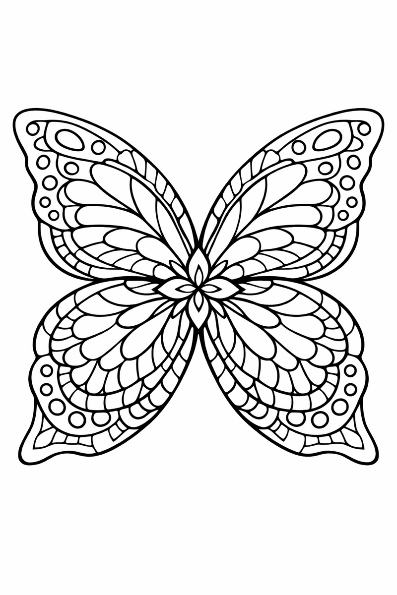 Butterfly wing mandala with four large patterned butterfly wings meeting at the center, delicate symmetric coloring page